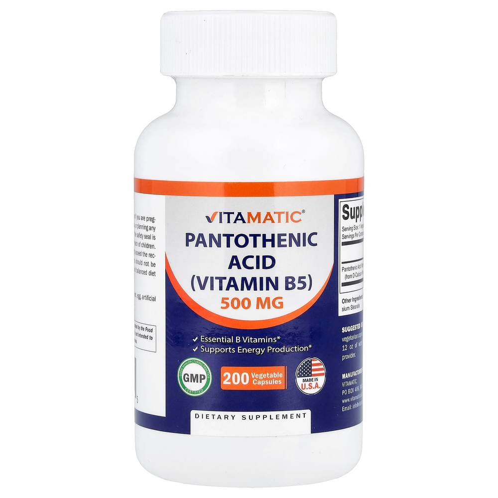 Vitamatic, пантотеновая кислота, 500 мг, 200 растительных капсул