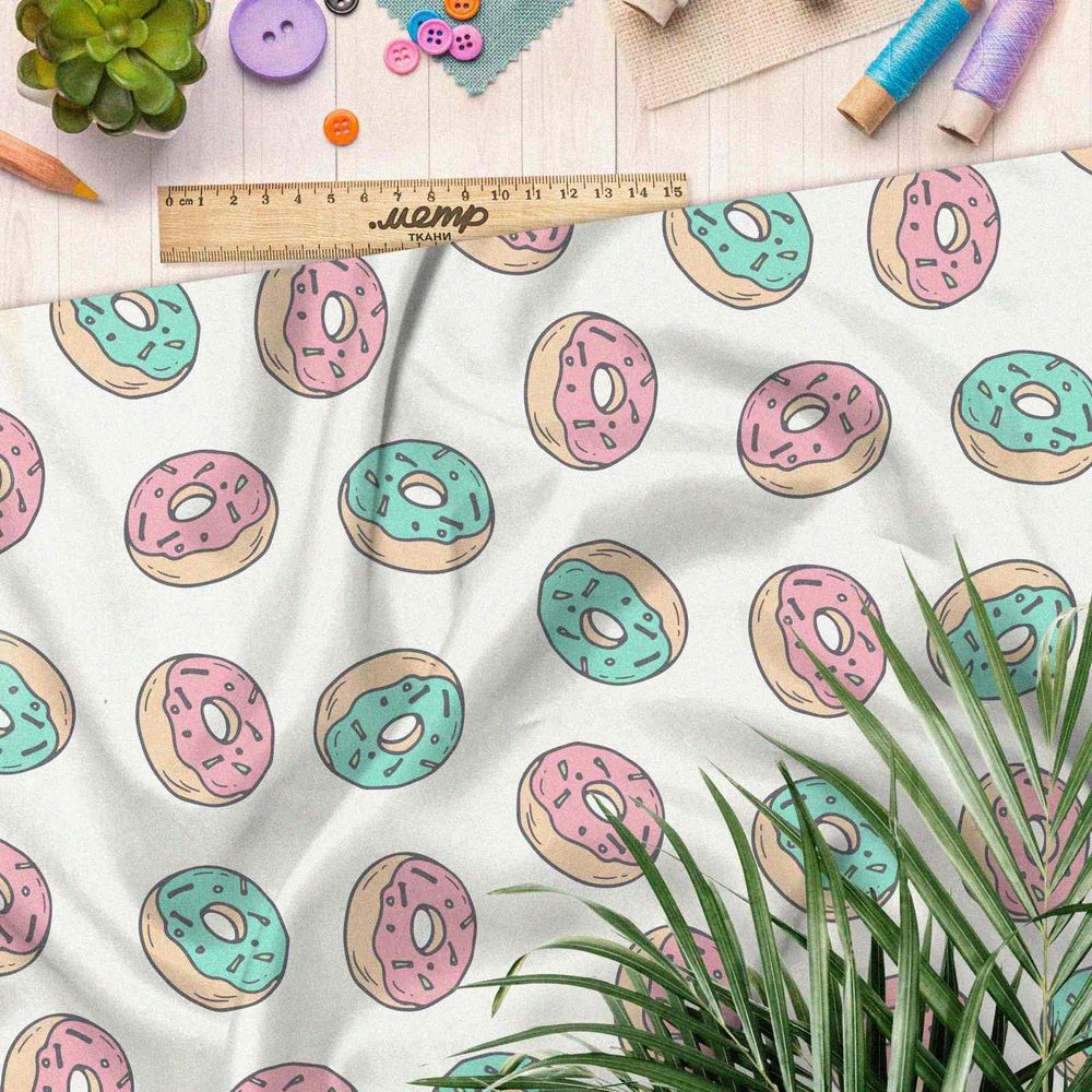 Ткань футер 2-х нитка пончики розовые и зеленые