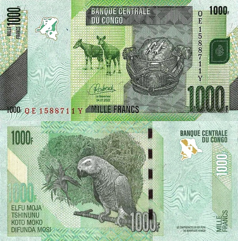 Конго 1000 франков 2005 - 2022 Попугай UNC