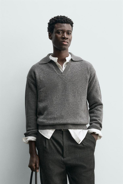 ZARA ПОЛО ИЗ ШЕРСТИ И КАШЕМИРА, СЕРЫЙ МЕЛАНЖ