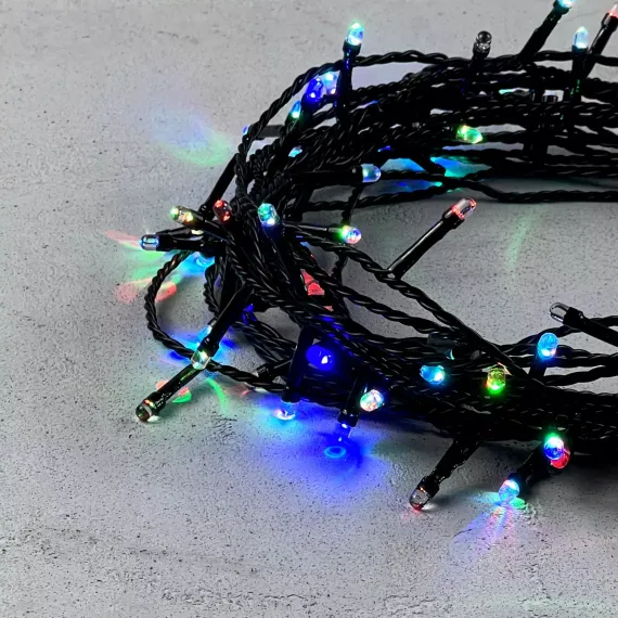 Светодиодная гирлянда 100 разноцветных LED ламп с RGB светодиодом, 10 м., 24V., черный силиконовый провод, IP54, Beauty Led (EST100-11-1RGB)