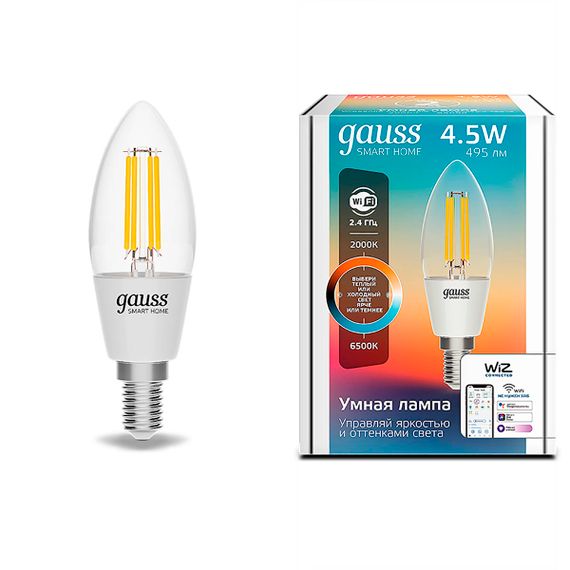 Лампа светодиодная диммируемая филаментная Gauss Smart Home Filament E14 4,5W 2000-6500K прозрачная 1250112
