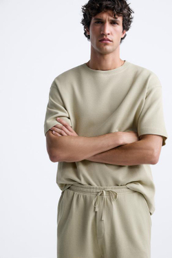 ZARA ФУТБОЛКА ИЗ ТКАНИ SOFT TOUCH В РУБЧИК, СВЕТЛО-ПЕСОЧНЫЙ