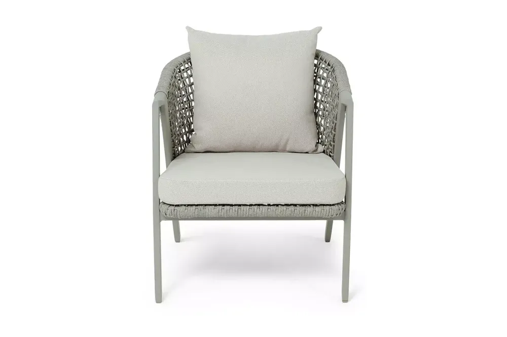 "Амстердам" кресло плетеное из роупа, каркас алюминий, роуп серый круглый, ткань бежевая