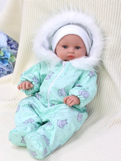 Теплый комбинезон "Слоники на зелёном", с шапкой, для кукол 40-48 см (кукла в комплект не входит)