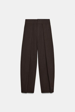 ZARA БРЮКИ BALLOON В ПОЛОСКУ С ЗАЩИПАМИ, КОРИЧНЕВЫЙ/ЭКРЮ