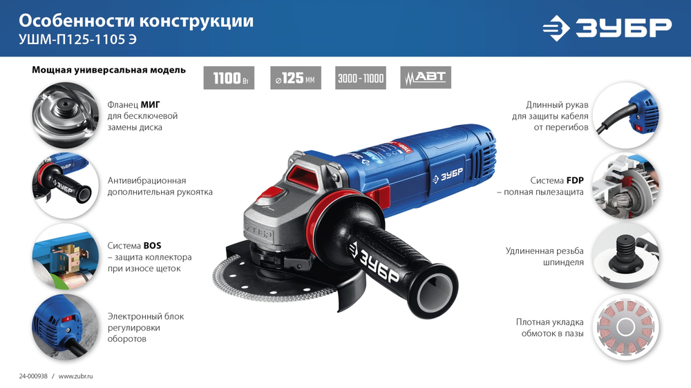 ЗУБР 1100 Вт, d125 мм, УШМ, регулировка оборотов, фланец ″МИГ″, Профессионал (УШМ-П125-1105 Э)