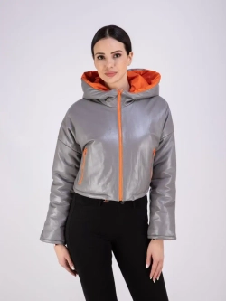 Куртка кожаная короткая утепленная с капюшоном демисезон