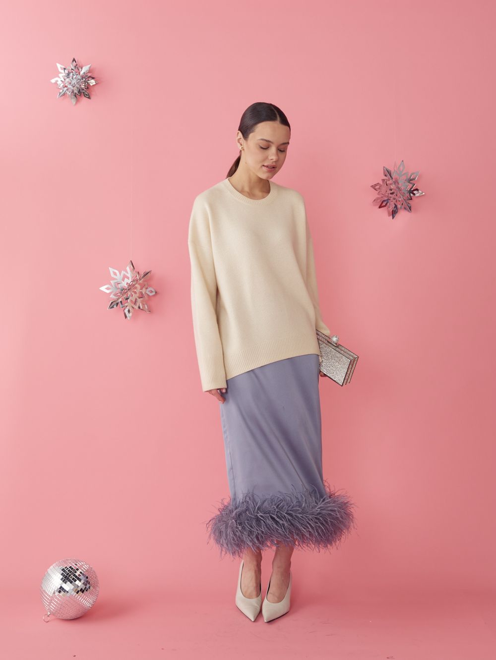 ЮБКА САТИНОВАЯ С ПЕРЬЯМИ GREY