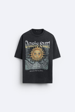 ZARA ФУТБОЛКА ИЗ ТКАНИ С ЭФФЕКТОМ ПОТЕРТОСТИ С ПРИНТОМ, ТЕМНЫЙ АНТРАЦИТ