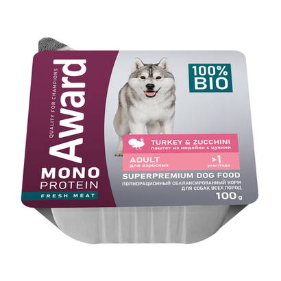 Влажный корм AWARD Monoprotein для взрослых собак паштет из индейки с цукини 100г - 14 шт