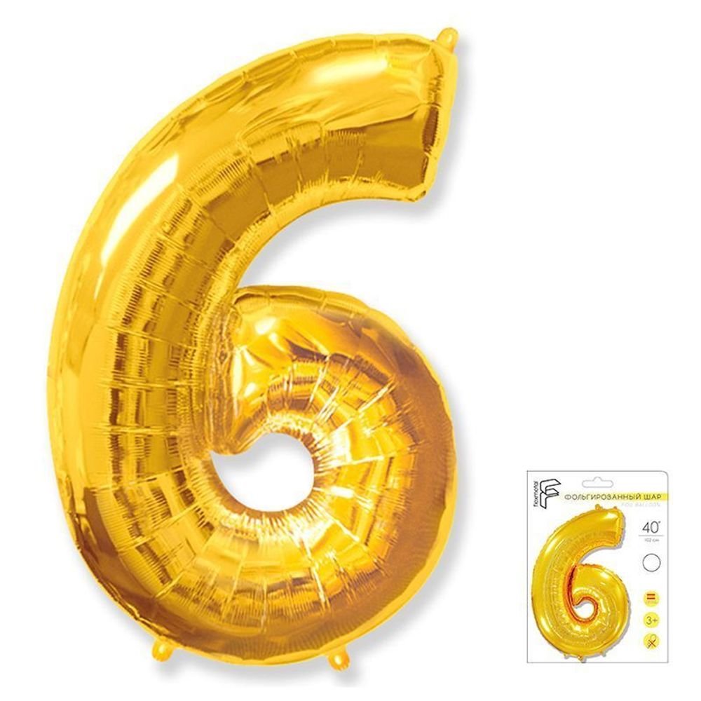Шар (40"/102 см) Цифра "6" Золото в упаковке / Six