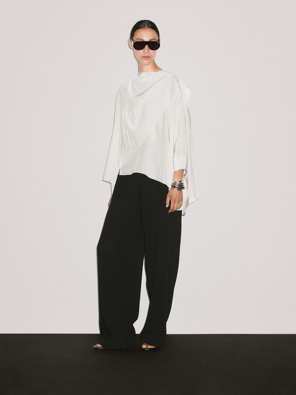 Massimo Dutti Короткая накидка из струящейся ткани с рукавами, натуральный, кремовый