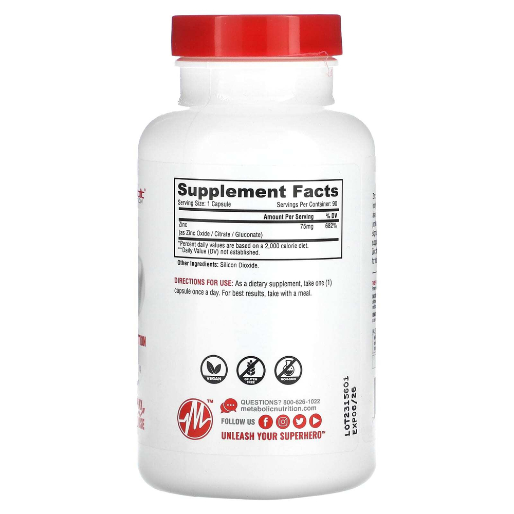 Metabolic Nutrition, Цинк, 75 мг, 90 капсул