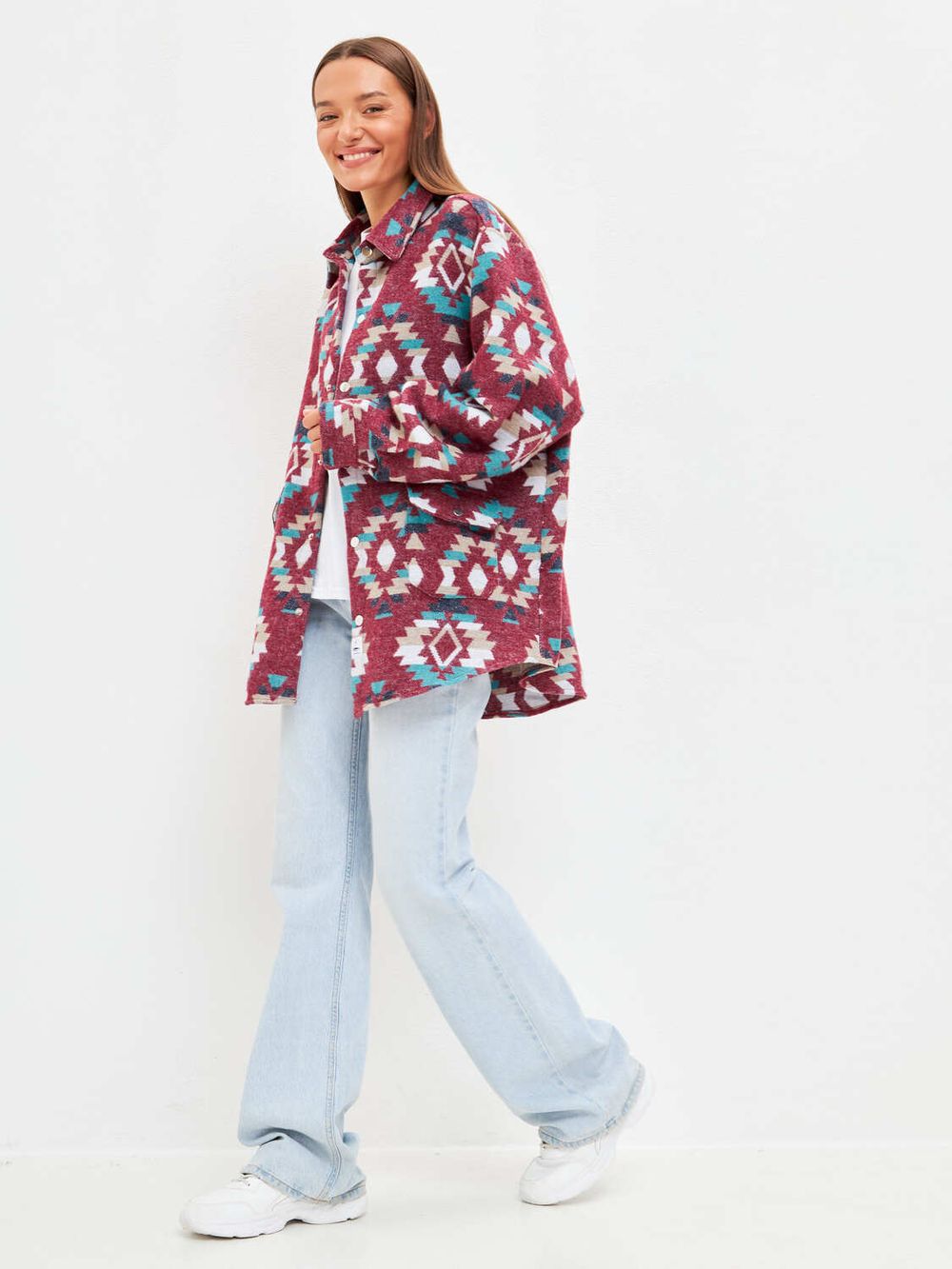 Рубашка Kefirmaykifer оверсайз Этно вишнево-бирюзовая