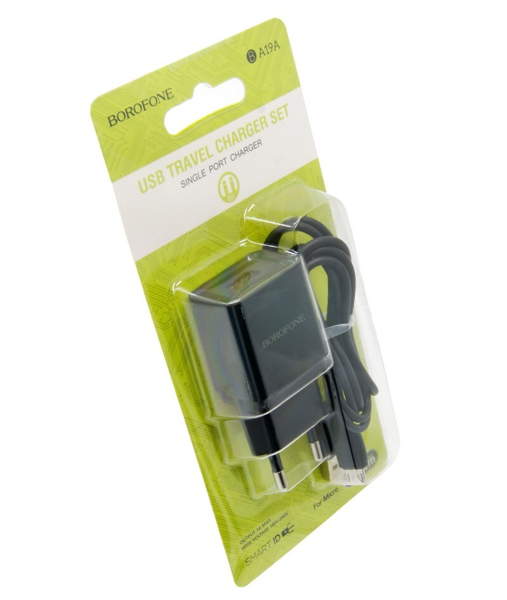 Сетевой адаптер питания BOROFONE BA19A 1USB 1A + кабель Micro (черный)