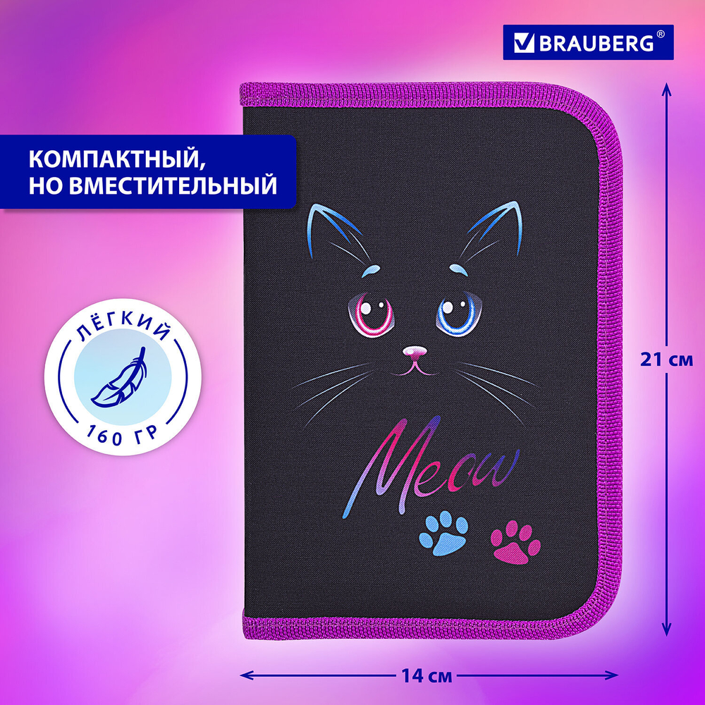 Пенал BRAUBERG, 1 отделение, полиэстер, 21х14 см, "Black Cat", 271529