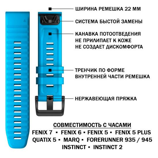 Ремешок силиконовый 22 мм. Premium для Fenix 7/6/5/5 plus, Quatix 5, MARQ, Forerunner 935 / 945 / 955 / 965, instinct, instinct 2 быстросъемный ( стиль Garmin Fenix 6 QuickFit) голубой