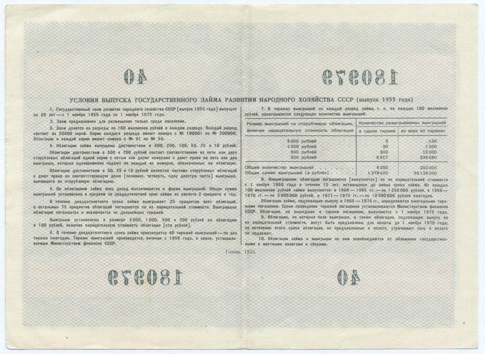 Облигация 25 рублей 1955 год. Серия № 180979. VF