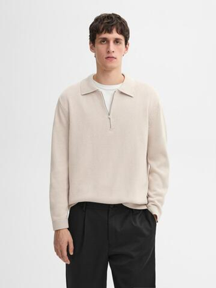 Massimo Dutti Трикотажный свитер с воротником поло на молнии, бежевый