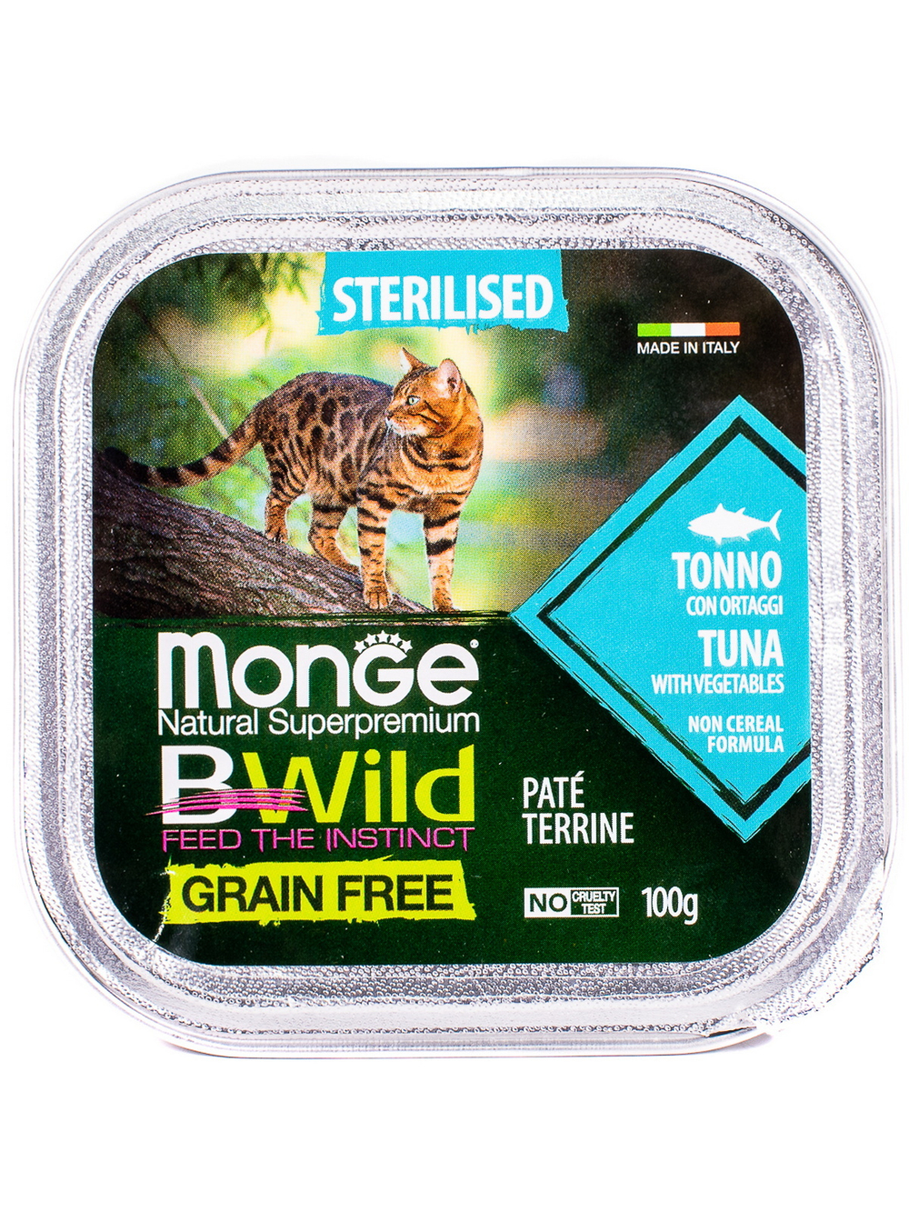 Monge Cat BWild GRAIN FREE беззерновые консервы из тунца с овощами для стерилизованных кошек 100г