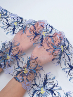 Кружево вышивка на сетке цвет мультиколор (темно-синий, желто-зеленый, орхидея, деним) неэластичная ширина 27 см