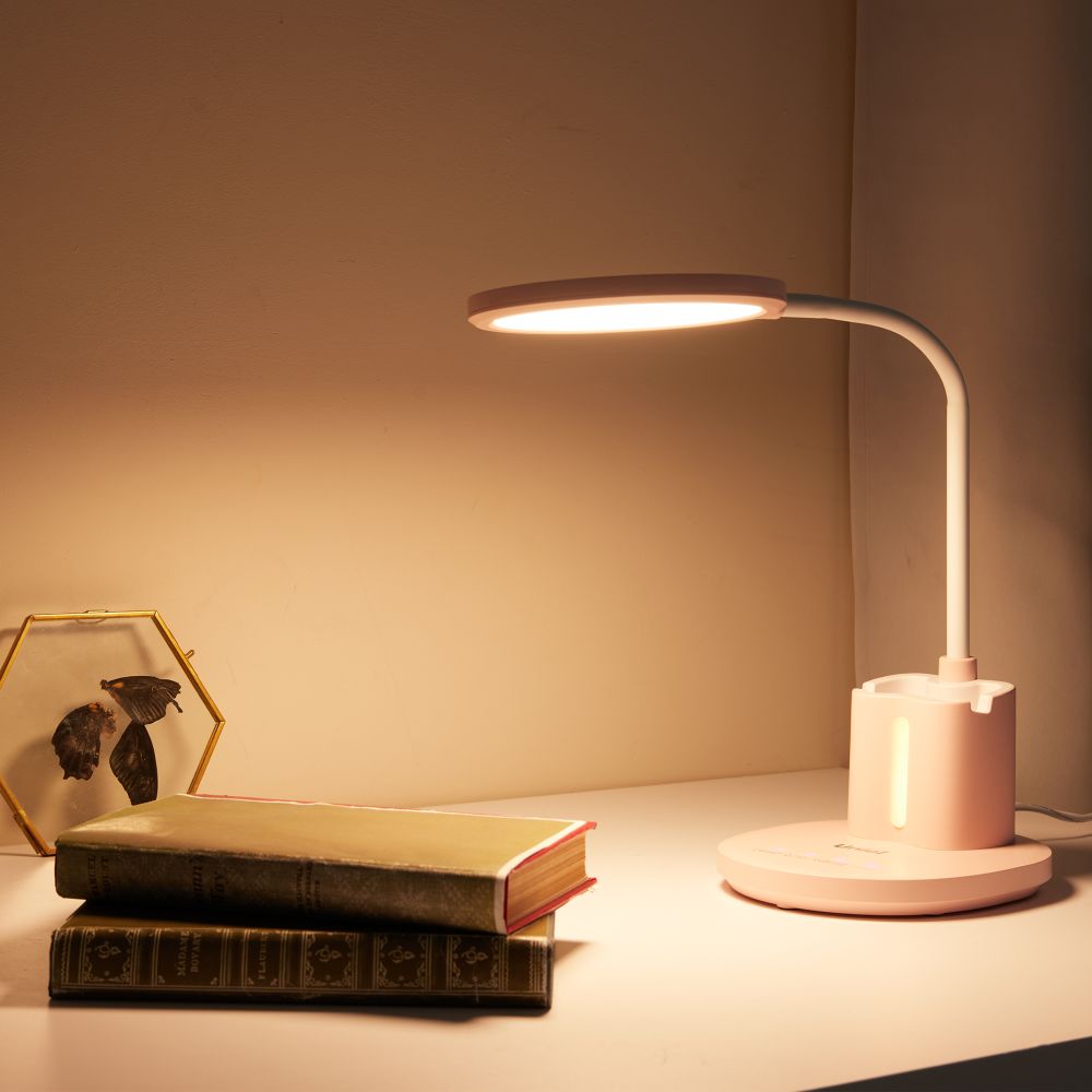 ULM-D150 15W-3000-6500K-DIM PINK Светильник настольный светодиодный с подставкой под телефон и канцелярские принадлежности. С ночной подсветкой. Сенсорный выключатель. Диммер. Розовый. TM Uniel