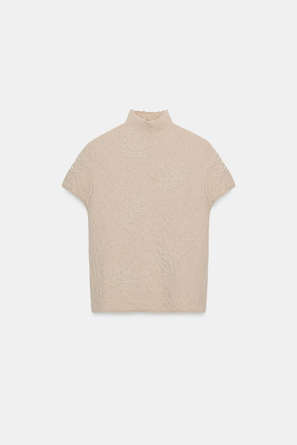 ZARA ТРИКОТАЖНЫЙ ТОП С ЖАТЫМ ЭФФЕКТОМ И БУСИНАМИ, ТЕЛЕСНО-РОЗОВЫЙ