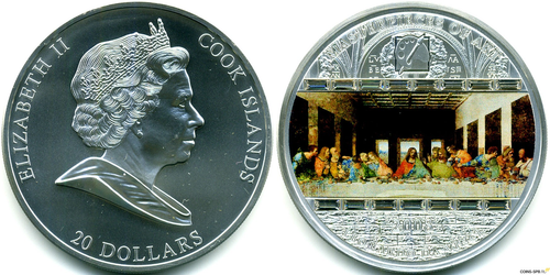 20 долларов 2008 год Тайная Вечеря. В футляре Острова Кука. Серебро.
