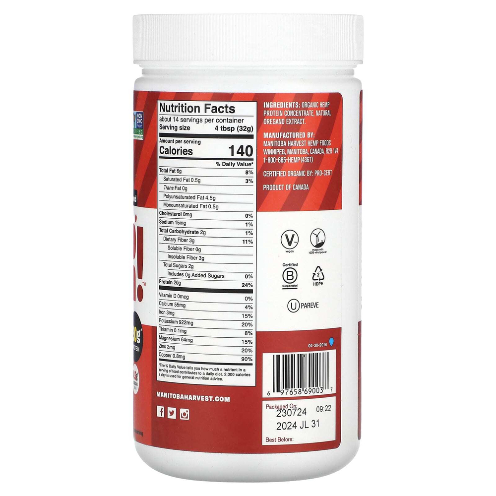 Manitoba Harvest, Органическая конопля протеиновый порошок, Max Protein, без подсластителей, 454 г (1 фунт)