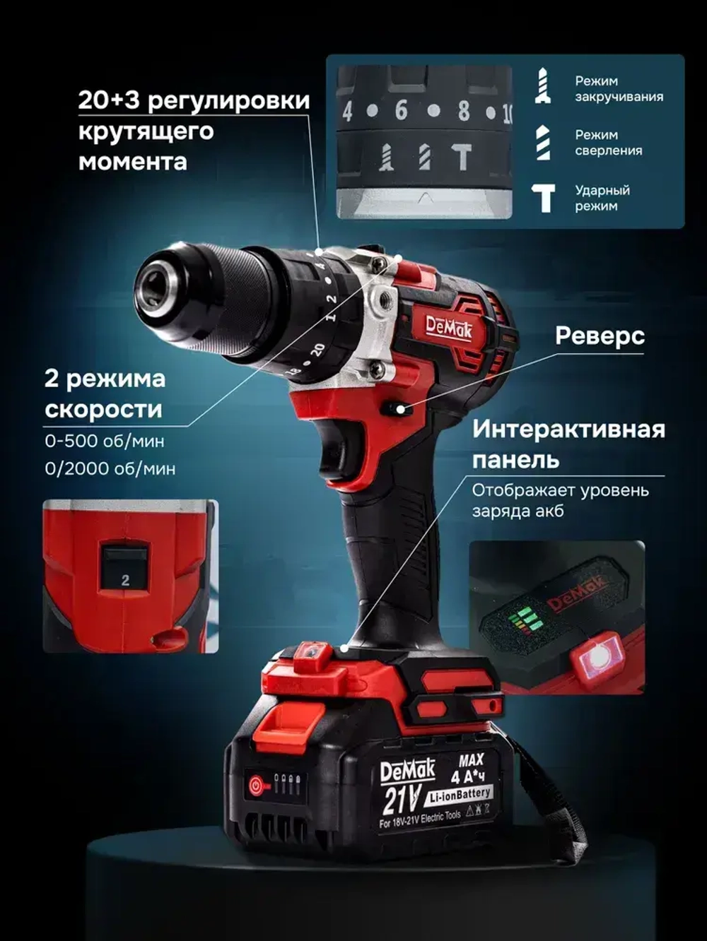 Шуруповерт дрель аккумуляторный бесщеточный ударный DeMak 21В, в кейсе, 2 АКБ 4 а/ч, многофункциональный 120 H/M для сверления, долбления, закручивания, шуруповерт для метала ДеМак, ямобур