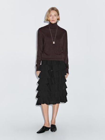 Massimo Dutti Юбка миди с оборками, черный