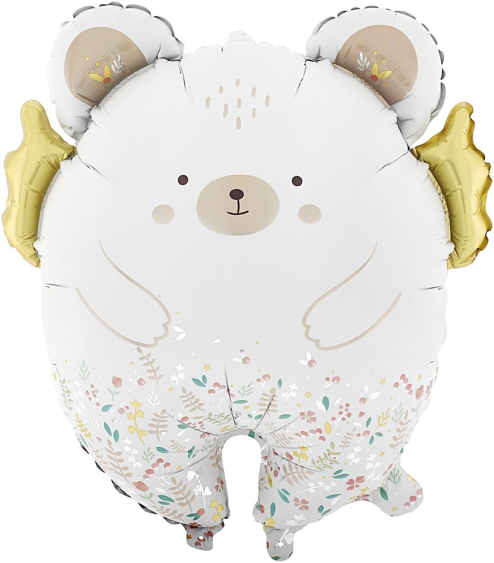 Шар (23''/58 см) Фигура, Мишка с золотыми крылышками, Сатин, 1 шт. в уп.