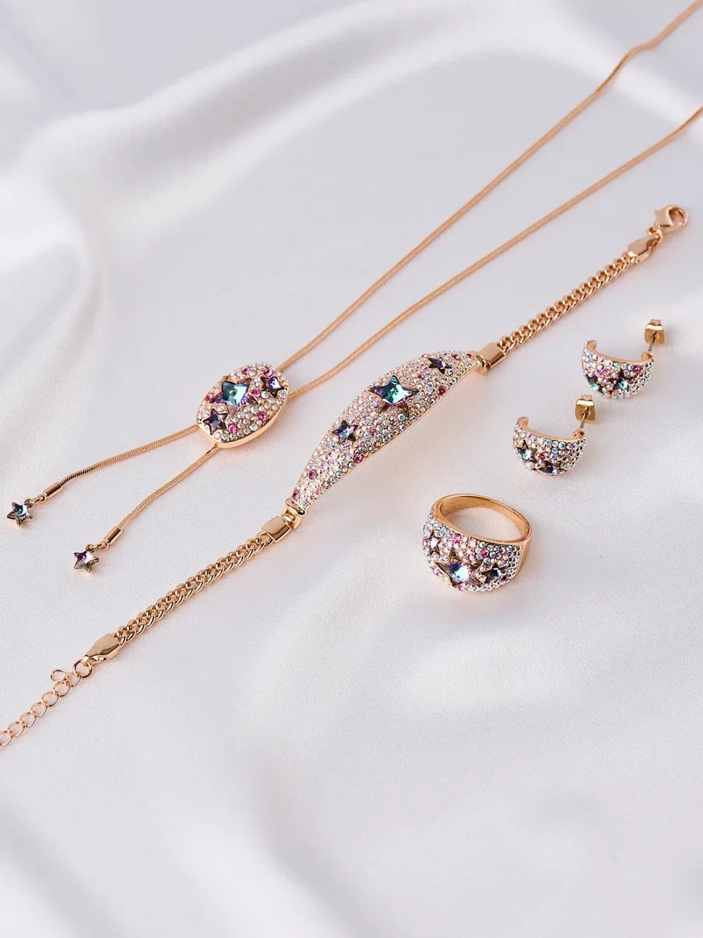 Кольцо Звездное небо с фиолетовыми кристаллами Swarovski