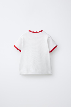 ZARA ФУТБОЛКА В РУБЧИК С КОНТРАСТНОЙ ОТДЕЛКОЙ И ВЫШИВКОЙ, КРАСНЫЙ