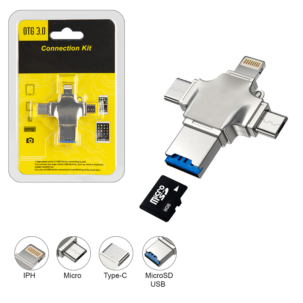 Переходник OTG 3.0 (iPh+Micro+Type-C+MicroSD) (серебро)