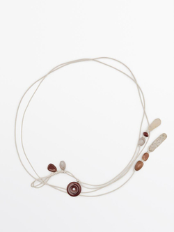 Massimo Dutti Кожаный пояс-шнурок с отделкой камнями, жемчужно-серый