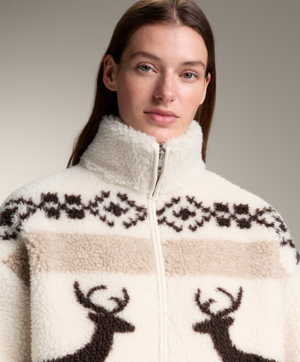 Oysho Куртка из искусственной овчины с оленями и высоким воротником, экрю