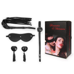 Эротический набор в черном цвете: маска, кляп, пэстисы, плётка