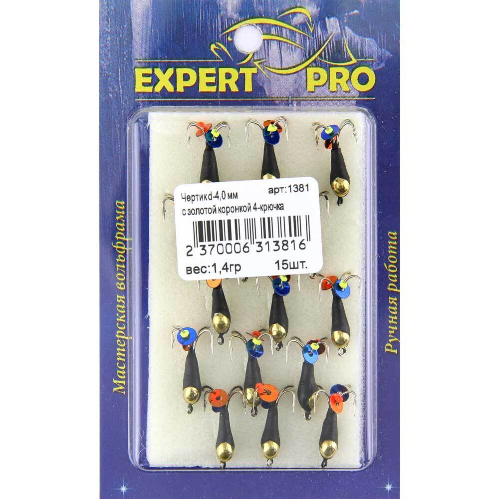 Мормышка EXPERT PRO вольфрам Чертик d4мм 4-крючка с золотой коронкой 1381