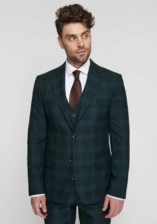 Мужской классический костюм тройка (темно зеленый) в клетку А21