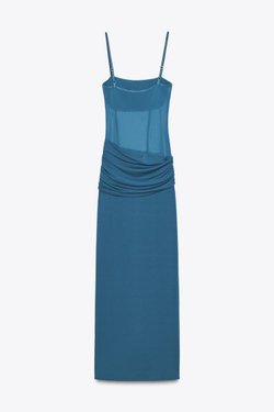 ZARA ДЛИННОЕ КОМБИНИРОВАННОЕ ПЛАТЬЕ, СИНИЙ