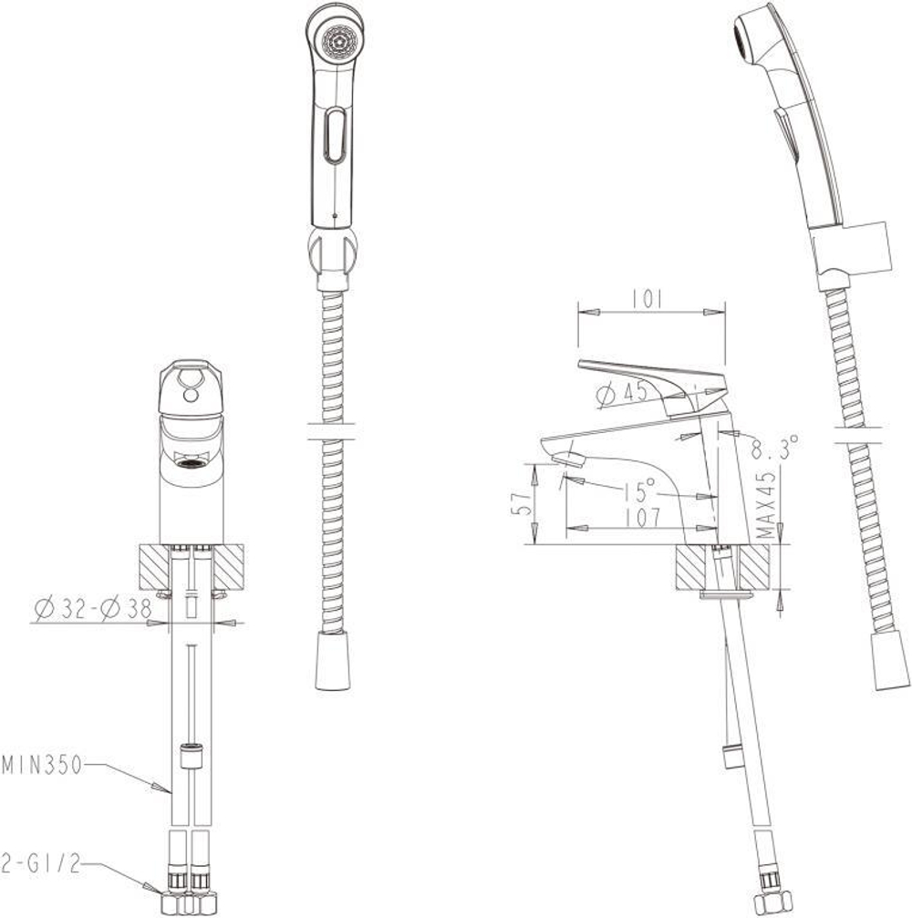 Смеситель для умывальника с гигиеническим душем Bravat Drop-D