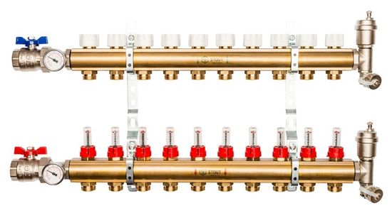 Коллектор Stout 1"x3/4" 10 контуров с расходомерами в сборе из латуни SMB-0473-000010