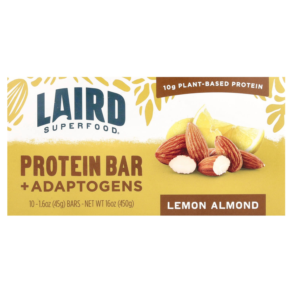 Laird Superfood, Протеиновый батончик + адаптогены, лимон и миндаль, 10 пакетиков по 45 г (1,6 унции)