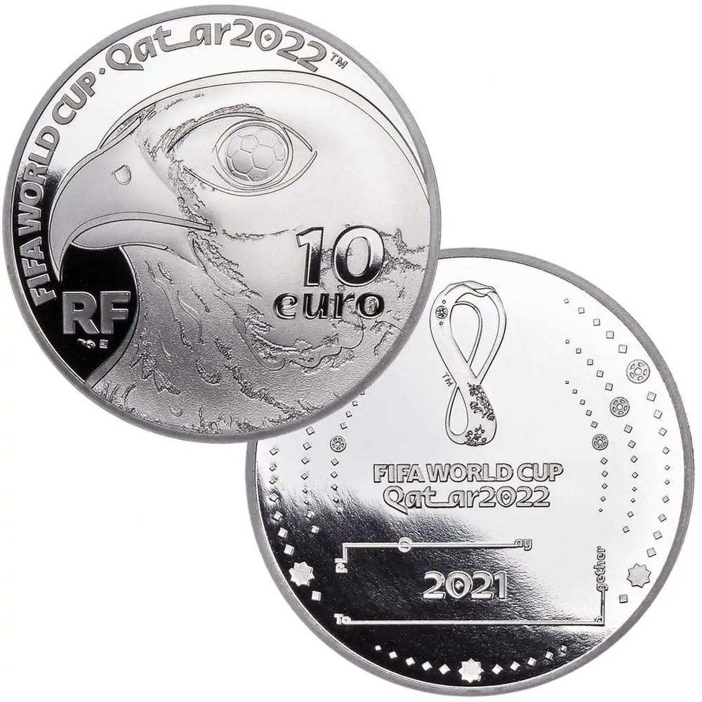 10 евро 2021 Чемпионат мира по футболу 2022 в Катаре в коробочке, Серебро, сертификат, proof. Франция