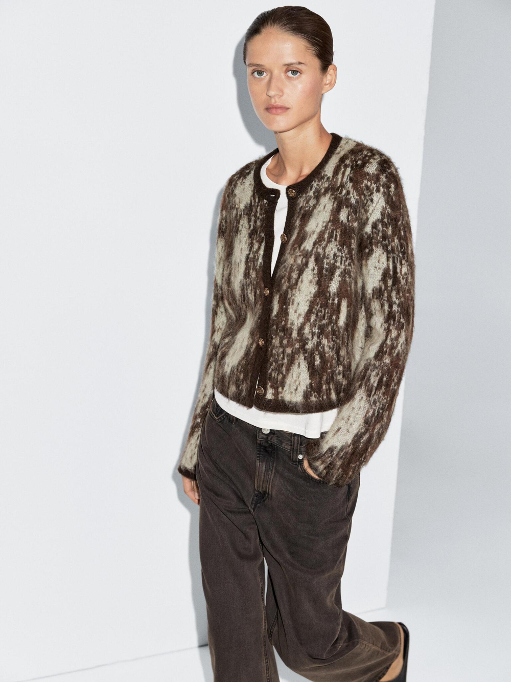 Massimo Dutti Вязаный кардиган с принтом, коричневый