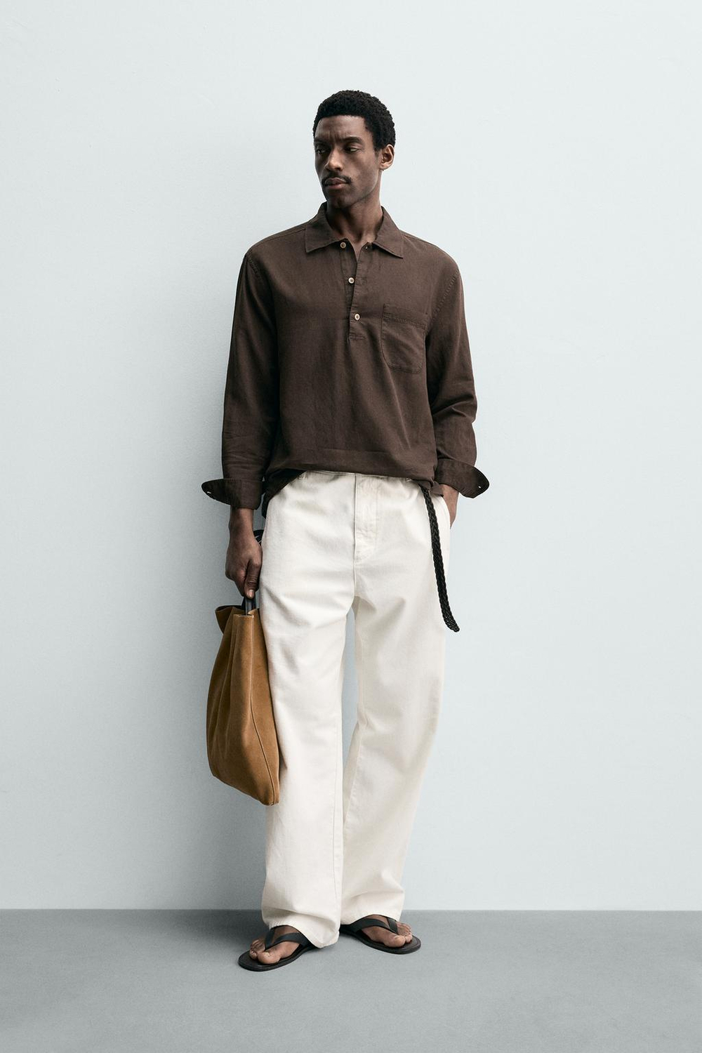 ZARA РУБАШКА-ПОЛО ИЗО ЛЬНА И ХЛОПКА, КОРИЧНЕВЫЙ