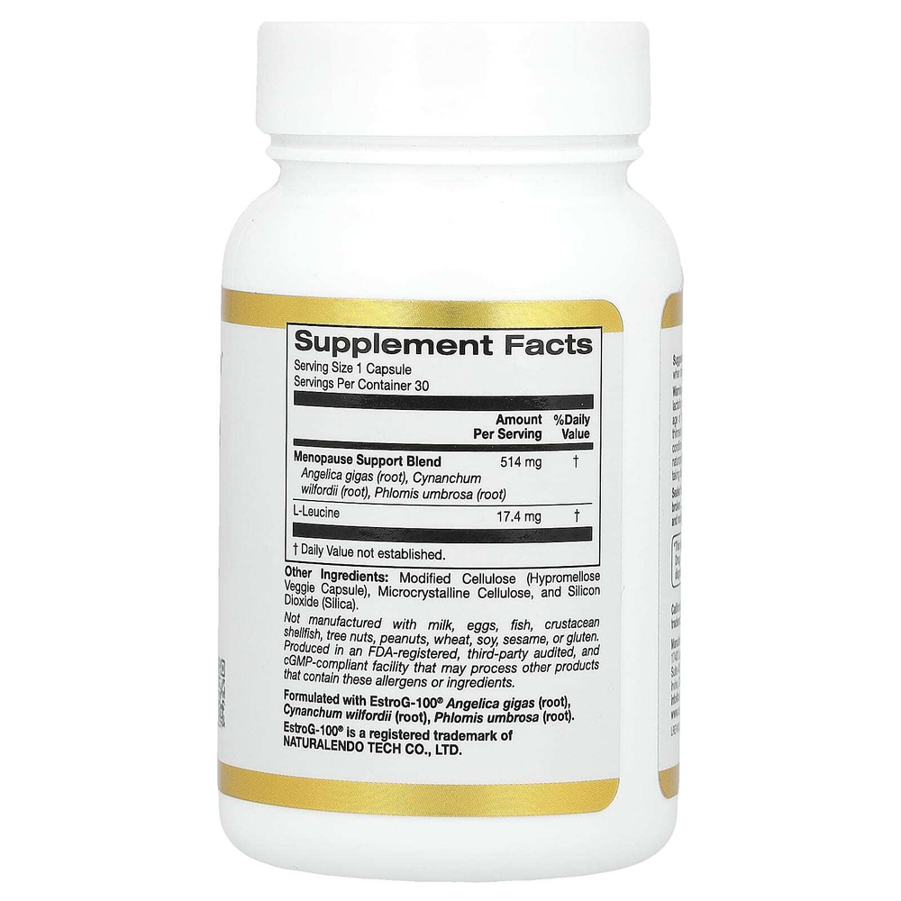 California Gold Nutrition, добавка для поддержки во время менопаузы с дудником гигантским, цинанхумом, зопником и L-лейцином, 30 растительных капсул