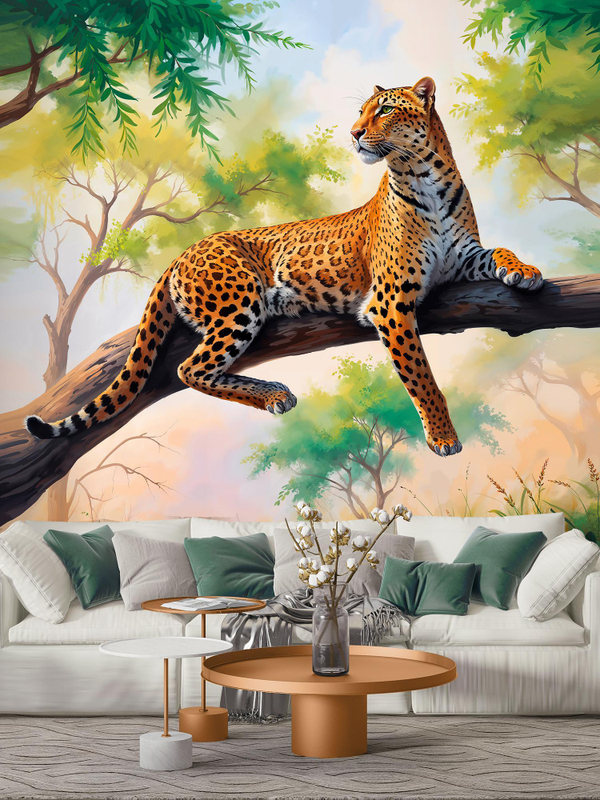 Фотообои 3D Леопард и лесной пейзаж